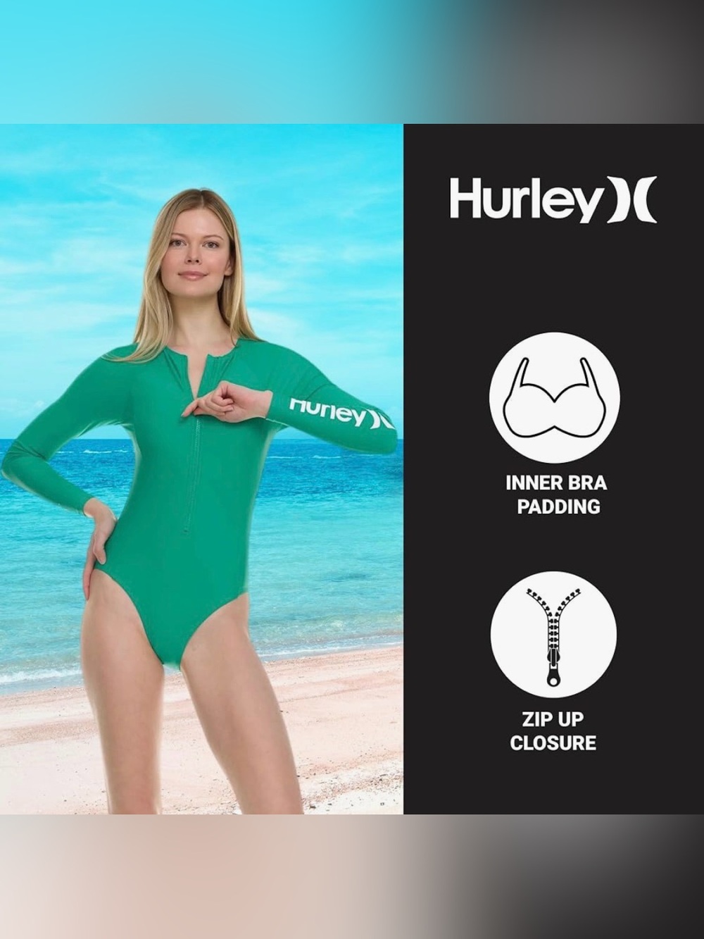 HURLEY Swimsuit Rash Guard Long-Sleeve Front-Zip One-Piece UPF50+ Sun Protection - Picture 2 of 7